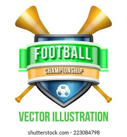 Label with vuvuzela for football sport competition. Bright premium quality design. Editable Vector Illustration isolated on white background.