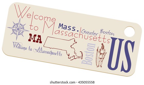 Label Welcome to Massachusetts. Massachusetts and the US state symbols on the label.