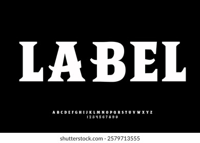 LABEL western font. Western Font glyphs, set of alphabet letters and number vector illustration.