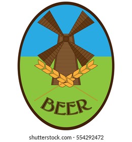 label wheat beer with mill and spica, design vector image