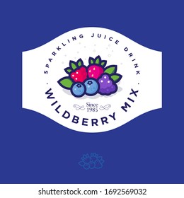 Label for wild berry jam. Sticker for jar with different berries, leaves and letters in a circle. Original berries illustration.