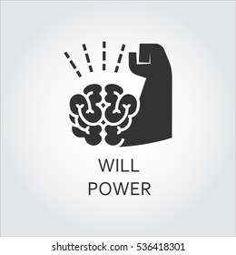 Label of willpower, self-control as brain and muscle hand. Simple black icon. Logo drawn in flat style. Black shape pictograph for your design needs. Vector contour silhouette on white background.