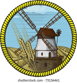 Label windmill drawn in a woodcut like method