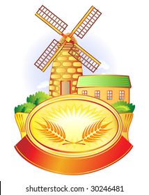 Label with windmill and wheat