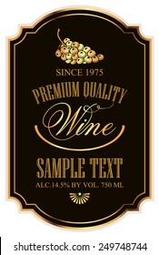 label for wine with grapes on a black background with gold