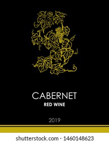 Label wine with grapevine. For white and red wine. Golden grapes.