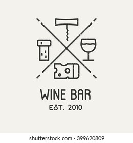 Label for wine, winery or store. Wine logo with cheese, corkscrew, glass and grape leaf. Vector logo.