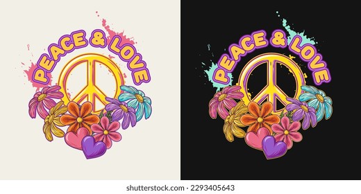 Label wit peace sign,chamomile, paint splatter, hearts. Concept of peace, love and harmony. For clothing, apparel, T-shirts, surface decoration. Retro style illustration