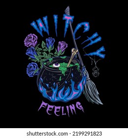 Label with witch cauldron with bubbling green liquid, magic blue fire, bone, broom, roses, spider, text Witchy Feeling. Magic potion, symbol of witchcraft. Vintage style. CMYK blue colors