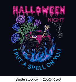 Label with witch cauldron with bubbling pink liquid, magic blue fire, bone, roses, spider, text Halloween Night, I put spell on you Magic potion, symbol of witchcraft. Vintage style. CMYK blue colors