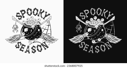 Label with witch cauldron full of eyeballs with goo, slime, criss crossed brooms, grunge silhouette of spider, spider web, bone text. Monochrome illustration in vintage style