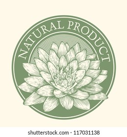 Label with the word Natural Product and Lotus. vector illustration. duotone version.