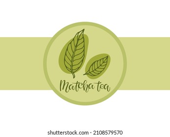 Label, wrapper for green matcha Tea. Abstract background with green leaves sketch and handwritten calligraphy inscription. Drink background for bar, restaurant menu, party decor, beverage template