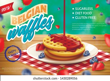 Label is Written Belgian Waffles Realistic 3d. Tasty Crispy Diet Food, Sugarlees, no Soy. Round Crispy Waffles Sprinkled with Chocolate are Served on Fruit Platter. Vector Illustration.