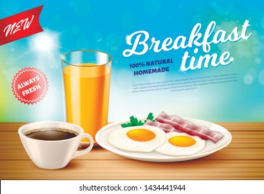 Label is Written Breakfast Time Vector Realistic. 100 Percent Natural Homemade. New is Always Fresh. On Table Cup Coffee and Glass Juice. On Flat Dish Scrambled Eggs From Two Eggs with Bacon.