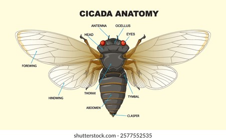 Labeled diagram showing parts of a cicada