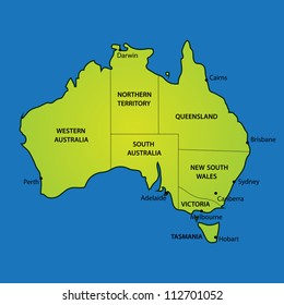 Labeled Map of Australia – Geographic Regions and Major Cities on Green Landmass with Blue Ocean. A geographic map of Australia featuring clearly labeled states, territories, and major cities. The landmass is shown in green with surrounding blue ocean, and includes regions such as Western Australia, Northern Territory, South Australia, Queensland, New South Wales, Victoria, and Tasmania. Major urban centers like Perth, Darwin, Adelaide, Brisbane, Sydney, Canberra, Melbourne, and Hobart are also marked. This clean and informative vector design is ideal for educational materials, travel guides, editorial layouts, and geographic infographics. Suitable for both commercial and editorial use across print and digital platforms.