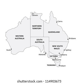Labeled Map of Australia – States and Major Cities Including Sydney, Melbourne, Brisbane, Perth, Adelaide, Darwin, Hobart, Canberra. A detailed labeled map of Australia showing its states and territories along with major cities. The map includes Western Australia (Perth), Northern Territory (Darwin), South Australia (Adelaide), Queensland (Brisbane, Cairns), New South Wales (Sydney, Canberra), Victoria (Melbourne), and Tasmania (Hobart). This graphic clearly delineates political boundaries and urban centers, making it ideal for educational use, travel planning, editorial content, or geographic reference in presentations and publications.