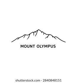 Labeled Mount Olympus mountain profile in black line art, Mount Olympus mountain illustration isolated on white background for travel, geography and landmark graphics