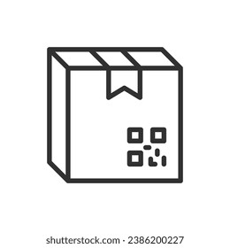 Beschriftete Pakete, lineares Symbol. Feld mit QR-Code. Linie mit bearbeitbarem Hub