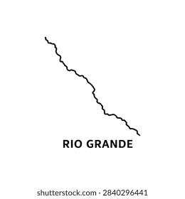 Labeled Rio Grande River map with black winding course line, Rio Grande River outline isolated on white background for cartography, education and geography use