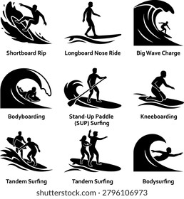 Labeled surfing icons featuring specific techniques like shortboard longboard bodyboarding and tandem surfing silhouettes.