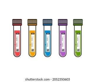 Labeled test tubes with liquid in various colors on white background. Medical equipments icon set.