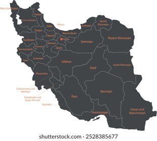 Mapa gris de Irán con provincias y divisiones administrativas