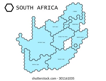 labeled vector map of South Africa with states. Lines generalized to fit regular hexagonal grid pattern.