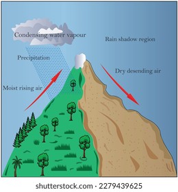 Sistema de movimiento del sistema meteorológico etiquetado. Diagrama educativo con el lado del viento y el lado del alero. Vientos predominantes, precipitación y condensación de los fenómenos de vapor de agua.Efecto orográfico. región de sombra de lluvia.