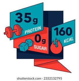Labeling of chocolate bar or energy drink - value of Protein, Sugar and calories. Isolated badge in bold aesthetic style