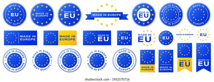 Labeling - Made in Europe. Stamps and tapes with yellow stars for packaging products and other consumer resources. Gradient-filled stickers. Information label. Vector illustration.