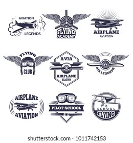 Labels at aircrafts theme. Vector monochrome illustrations of airplanes. Airplane and aircraft emblem vintage