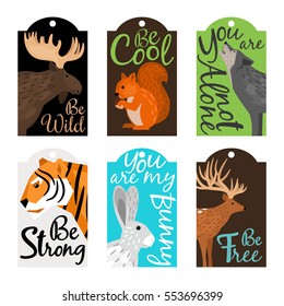 Labels with animals: elk, squirrel, wolf, tiger, hare, deer