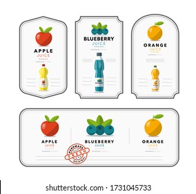 Labels with Apple, Blueberry and Orange Juice Icons. Vector Fresh, Handmade Original Symbols Stickers.