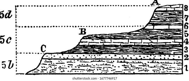 Labels are: (1) sandstone, (2) Gray Band, (3) greenish shale, (4) compact limestone, (5) greenish shale, (6) limestone, (7) shale, (8) limestone., vintage line drawing or engraving illustration.