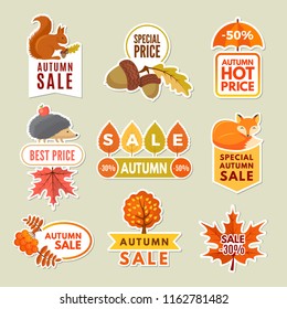 Labels and badges of autumn. Discount stickers of autumn big sales with fox, acorn hedgehog and rowan. Vector orange and yellows leaves. Discount poster autumn sticker illustration