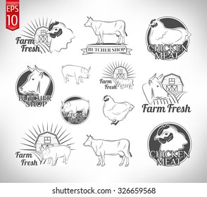 labels and badges with a butcher's shop. chicken, beef, pork.
