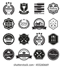 Labels and  badges set. Vintage design elements and retro style banners, shields, emblems. Vector illustration.