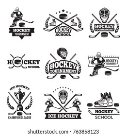 Labels and badges of winter sport. Hockey championship. Sport emblem competition. Vector illustration