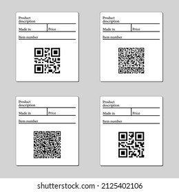 Labels with a barcode. A set of stickers with barcodes and QR codes for marking brands. Commercial, industrial codes and customer qr codes. Isolated on a white background. Vector illustration.