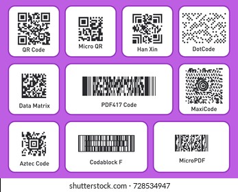 Labels with Barcodes. Packaging labels. Set of different codes. QR Code, barcode, Micro Qr, DotCode, Data Matrix, Aztec Code and MaxiCode. Vector illustration