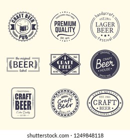 Labels for beer beverages or set of isolated beermat and coasters. Labels with ribbon and mug, cup for alcohol drink or bottles. Retro sign design and vintage badges for craft beer. Drinking branding