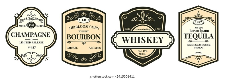 Labels for beer, vodka and whiskey bottles. Vintage wine frame sticker in wood. Alcohol beverage brand logo. Tequila drink. Champagne or bourbon gold badge template. Vector premium stickers design set