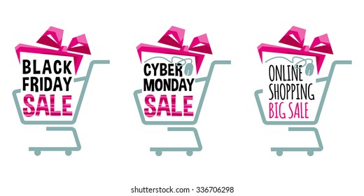 Etiketten für Black Friday und Cyber Montag. Einkaufskonzept. Holiday gift shopping.Vektorgrafik