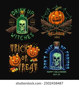 Labels with bottle with skull and green potion, criss crossed brooms, spider web, pumpkin heads, text. Colorful witchy illustrations on black background in vintage style