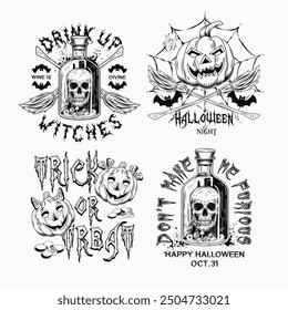 Labels with bottle with skull and poisonous potion, criss crossed brooms, spider web, pumpkin heads, text. Black and white witchy illustrations on white background in vintage style