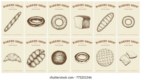 Labels with bread and pastries. Set templates price tags for bakery shop. Vector vintage illustrations in hand drawn style