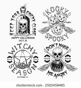 Labels with cauldron, bottle with potion, skull, criss crossed brooms, pumpkin heads like happy kids, pentagram sign, text. Black and white witchy illustrations on white background in vintage style