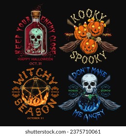 Labels with cauldron, bottle with red potion, skull, criss crossed brooms, pumpkin head like happy kids, pentagram sign, text. Colorful witchy illustrations on black in vintage style